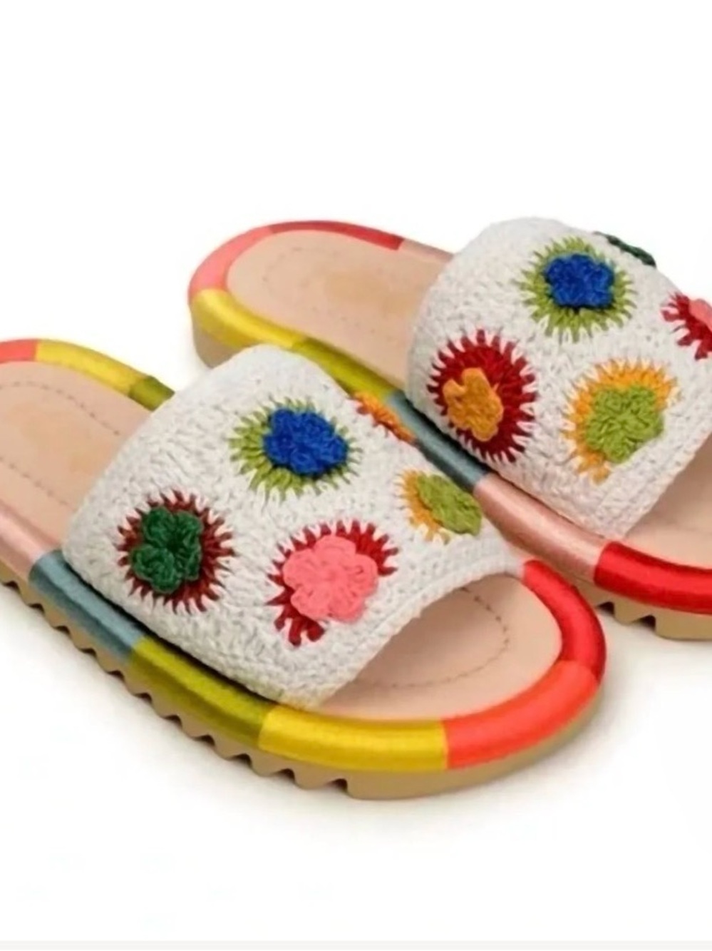 FARM RIO Crochet Slide Sandals in Cream with Multicolor Floral Accents sz 8